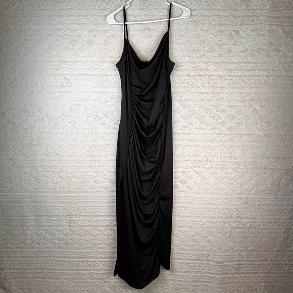 Slinky Black Ruched Dress Cowl Neck Maxi Medium Adjustable Spaghetti Straps - Picture 1 of 16